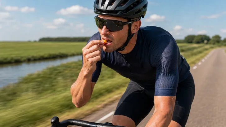 Mannelijke wielrenner met helm op fietst over een verharde weg en stopt tijdens het trappen een kleurrijke winegum in zijn mond.