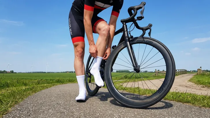 Mannelijke wielrenner staat naast zijn racefiets met hoge carbonwielen en trekt zijn witte aerosokken strak aan voor een rit.