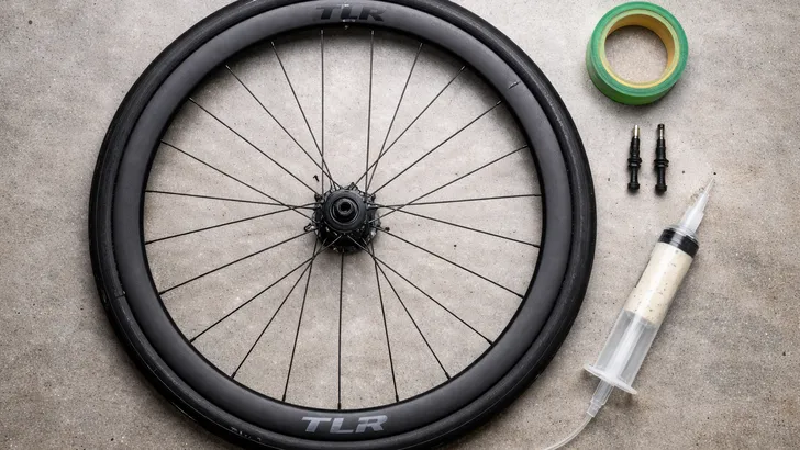 Top-down foto van een moderne carbon racefietswiel liggend op een werkbank met ernaast een fles latex sealant, tubeless ventielen en een rol velglint, als onderdeel van fietsonderhoud.