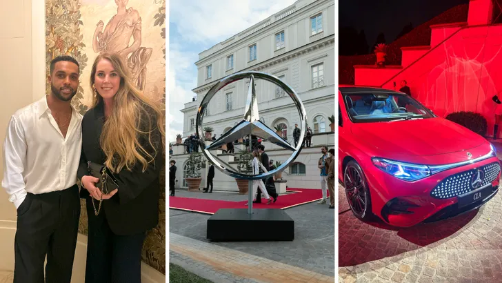 Drieluik foto's van bezoek aan Mercedes-Benz evenement in Rome.