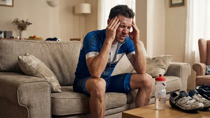 Een vermoeide wielrenner zit in zijn fietskleding op de bank en houdt zijn hoofd vast, duidelijk last hebbend van hoofdpijn na zijn fietstocht.