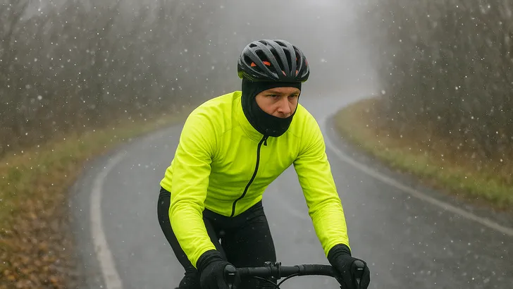 Wielrenner fietst in december op natte winterweg met sneeuwval