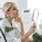 Smiling pretty woman using mirror in spa center