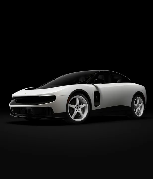 Witte Ferrari Luce Chassis 0 schuin van voren tegen zwarte achtergrond