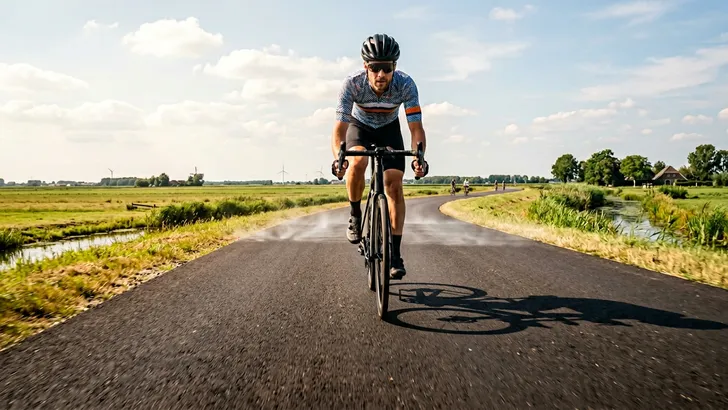 Wielrenner op de racefiets rijdt in de felle zon over zinderend heet asfalt met trillende lucht boven de weg tijdens een hittegolf.