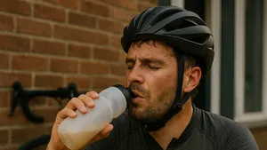 Vermoeide wielrenner met helm drinkt na de rit uit een bidon, bezweet shirt, fiets onscherp op de achtergrond tegen een bakstenen muur