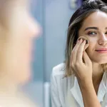 Reflection in a mirror of a woman applying face powder in bathroom.