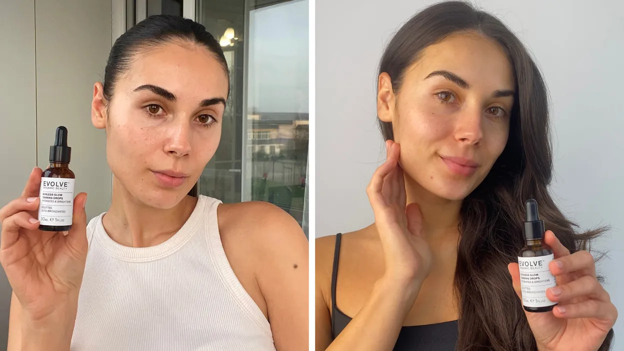 Before en after: met de Evolve Tanning Drops creëer je moeiteloos een stralende, sunkissed gloed die perfect bij je past.