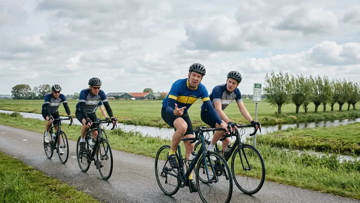 Mannelijke wielrenner met helm kijkt tijdens een groepsrit theatraal naar zijn achterwiel om een wielersmoesje te verzinnen