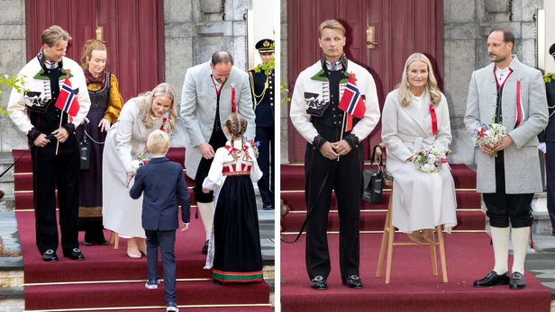 Een lid van de hofhouding droeg de zuurstoftank van Mette-Marit bij aankomst op de trappen van Skaugum, mei 2026.