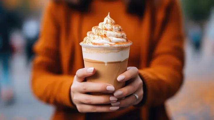 Woman Holding Frothy Pumpkin Spice Latte Outdoors
