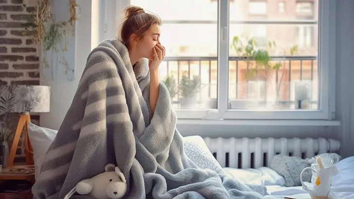 A woman in a blanket in a cold apartment.
