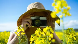 Woman taking picture from camera in mustard field