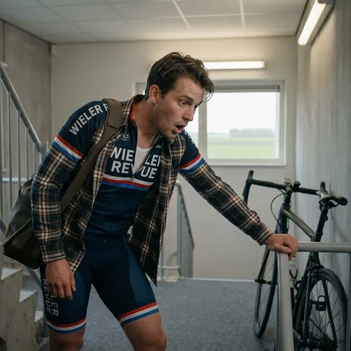 Mannelijke fitte fietser zonder helm staat vermoeid en hijgend bovenaan een kantoortrap