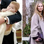 Prinses Amalia's 21e verjaardag. Tweeluik foto's: links Amalia op de arm bij vader Willem-Alexander bij haar doop in juni 2004. Rechts Amalia tijdens de winterfotosessie in 2024.