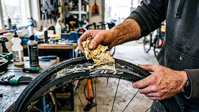Mannelijke fietser trekt een grote klont opgedroogde tubeless latex uit zijn opengewerkte racefietsband in een schuur.