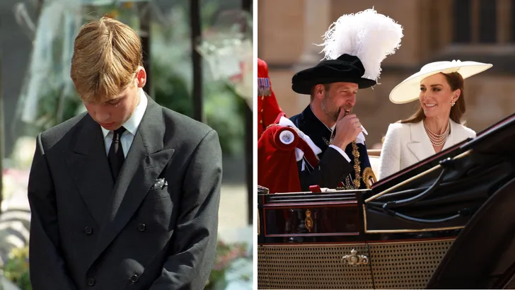 Tweeluik foto's van prins William, links in 1997 bij de uitvaart van prinses Diana en rechts bij Garter Day 2025.