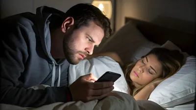 Ter illustratie: een man die stiekem in de telefoon van zijn vriendin kijkt.