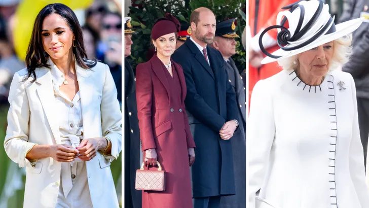 Irritaties te paleize. – Drieluik foto's met links Meghan, midden William en Kate, en rechts Camilla.