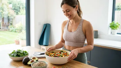 Fitte vrouw bereidt een gezonde maaltijd in een lichte keuken, met een yogamat op de achtergrond.