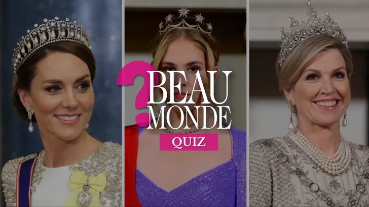 Beau Monde's Grote Tiara Quiz – Drieluik foto's van prinses Kate, prinses Amalia en koningin Máxima met tiara's.