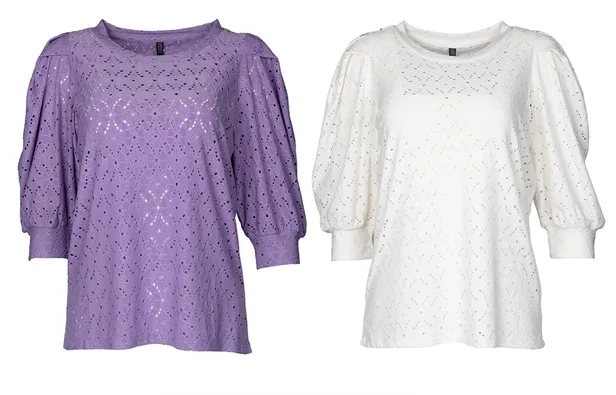 T-shirt ajour met pofmouw in paars en wit - €8,99