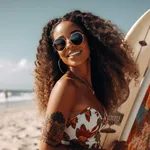 African American woman wearing a bikini in a beach setting - generative AI, AI generated