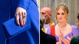 Etiquette rond nagels en nagellak voor royals. – Tweeluik foto's. Links een close-up van de hand van prinses Kate, en rechts prinses Amalia tijdens een staatsbanket.