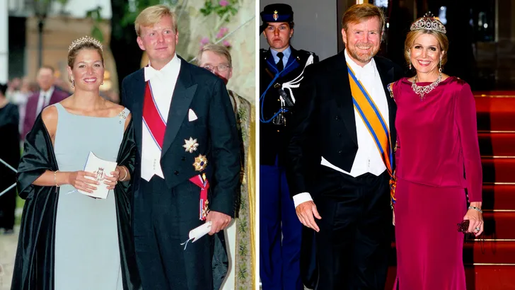 Liefdesverhaal van Willem-Alexander en Máxima – Tweeluik foto's van Willem-Alexander en Máxima in gala-kleding. Links het paar in Noorwegen, augustus 2001. Rechts bij het diner voor het Corps Diplomatique, juni 2024.