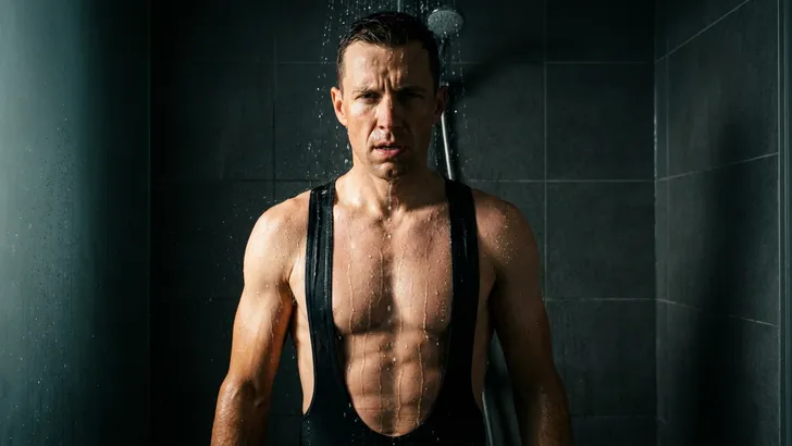 Een wielrenner staat na zijn training onder de douche, met een geconcentreerde en vastberaden blik op zijn gezicht. Het water stroomt over zijn schouders en rug, wat suggereert dat dit geen ontspannen moment is, maar een bewuste keuze voor spierherstel.