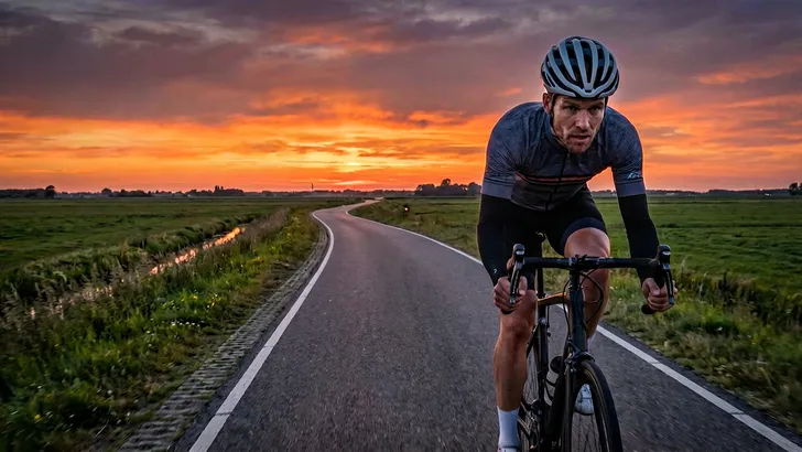 Mannelijke wielrenner met helm traint voor lange ritten op zijn racefiets.