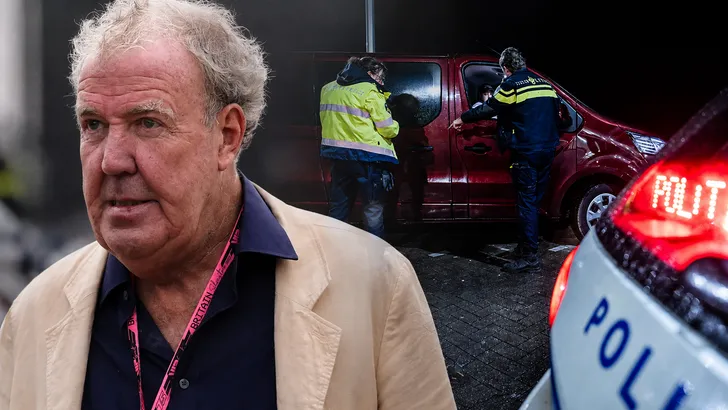 Links een portret van televisiepresentator en columnist Jeremy Clarkson, rechts een nachtelijke politiecontrole waarbij twee agenten een bestelwagen controleren.