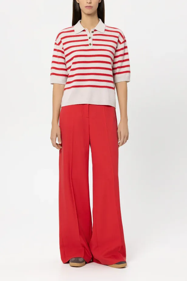 Luisa Cerano Striped Cashmere Blend Polo in preppy red.