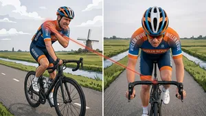 Een wielrenner, van achteren gefotografeerd, fietst door een Nederlands polderlandschap met duidelijk zichtbaar gespannen en opgetrokken schouders, wat duidt op ongemak tijdens het fietsen
