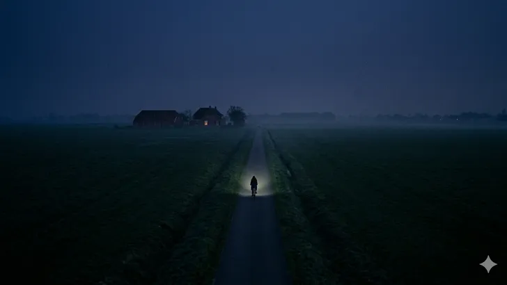 Afbeelding van een waargebeurd verhaal: eenzaam meisje op de fiets, ver weg in een donker Fries polderlandschap onder een nachtelijke hemel, verwijzend naar de zaak-Vaatstra uit 'Een van ons'