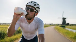 Een zwetende wielrenner in wit tenue neemt een grote slok uit zijn bidon tijdens een fietstocht door het zonovergoten Nederlandse polderlandschap met een molen op de achtergrond. De lucht trilt van de hitte.