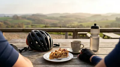 Point of view van een wielrenner die neerkijkt op een houten tafel op een terras. Op de tafel staan een punt appeltaart met slagroom, een kop koffie, een zwarte fietshelm en een bidon.