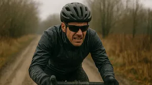 Gravelrijder in winterkleding ploetert over modderig grindpad, gezicht vertrokken van inspanning in een kille, grijze setting.