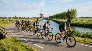 Een groep van acht Nederlandse wielertoeristen fietst in een strakke, georganiseerde waaier (single-file) over een fietspad langs een kanaal met een molen en polderlandschap tijdens de ochtendzon.