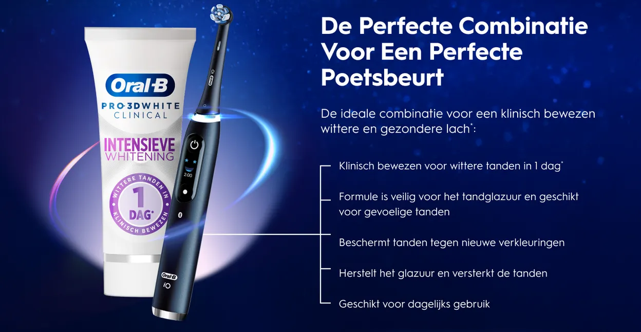 De Oral-B iO elektrische tandenborstel en de nieuwe Oral-B Pro-3D White Clinical Intensieve Whitening tandpasta vormen het perfecte duo