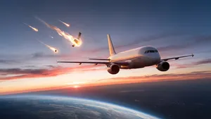 illustratie van een vliegtuig met inkomend ruimtepuin