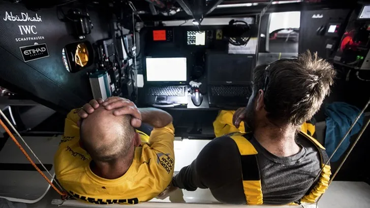 November 4, 2014. Leg 1 onboard Abu Dhabi Ocean Racing. Ian Walker and Simon Fisher sit at the navi…