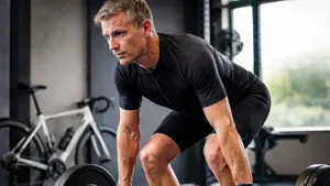 Man van rond de 50 in wielerkleding doet een deadlift in de gym, met een racefiets op de achtergrond.