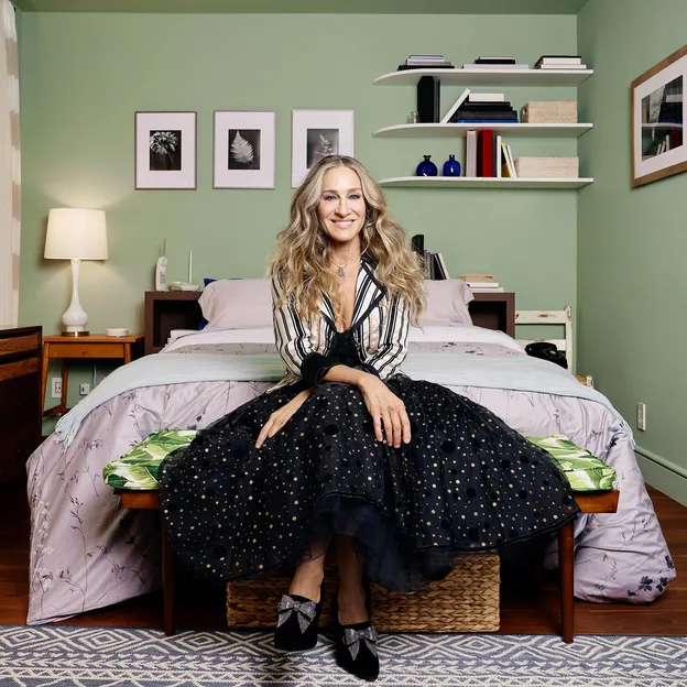 Promobeeld SATC met Sarah Jessica Parker als Carrie Bradshaw in haar slaapkamer. – Jimmy Choo lanceert archiefcollectie met favorieten Carrie Bradshaw.