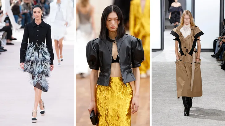 4 jassen trends voor de lente van 2025. – Drieluik foto's van modellen op de catwalk met verschillende soorten jassen.