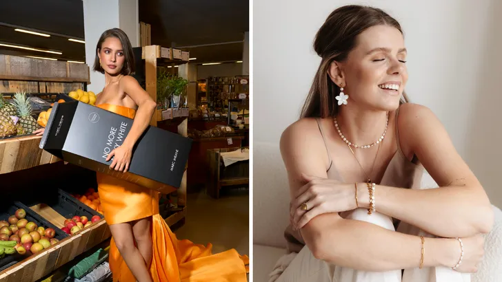 Zomerse essentials volgens Beau Monde – Tweeluik foto's. Links een vrouw in zomerse look met de No More Milky Whites Tanning Set van Marc Inbane en rechts een vrouw met sieraden van ISSY.