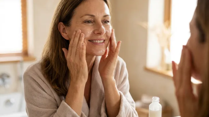 Vrouw van middelbare leeftijd brengt een hydraterend, melkachtig serum met ectoïne aan voor het herstellen van de huidbarrière.