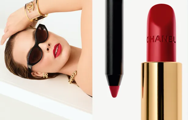 Rouge Allure Velvet ‘Rouge Charnel’ + Le Crayon Lèvres ‘Rouge Cerise’