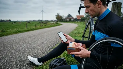 Een wielrenner zit langs de kant van de weg met een kapotte fietsband en twijfelt tussen zijn telefoon en een bankbiljet in zijn portemonnee als oplossing.