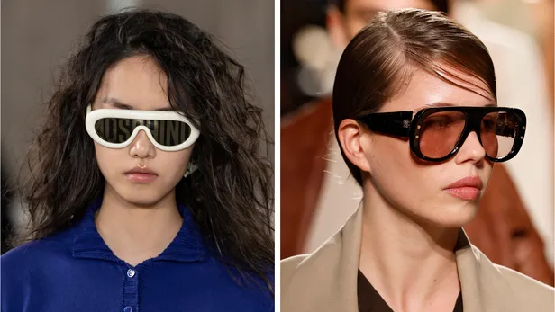 Zonnebrillen trends voor de lente 2026 op de catwalks van Moschino en Balmain.